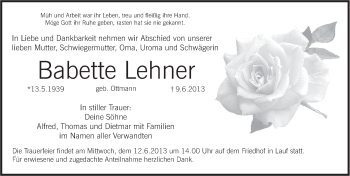 Traueranzeige von Babette Lehner von Pegnitz-Zeitung